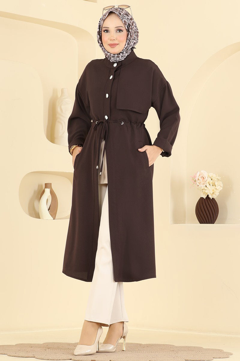 Gathered Cape Coat with Tie Waist - Dark Brown