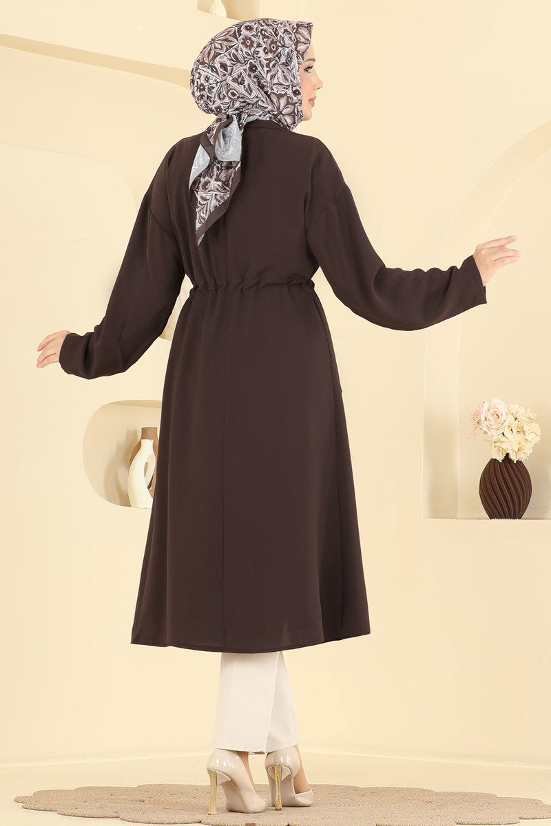 Gathered Cape Coat with Tie Waist - Dark Brown