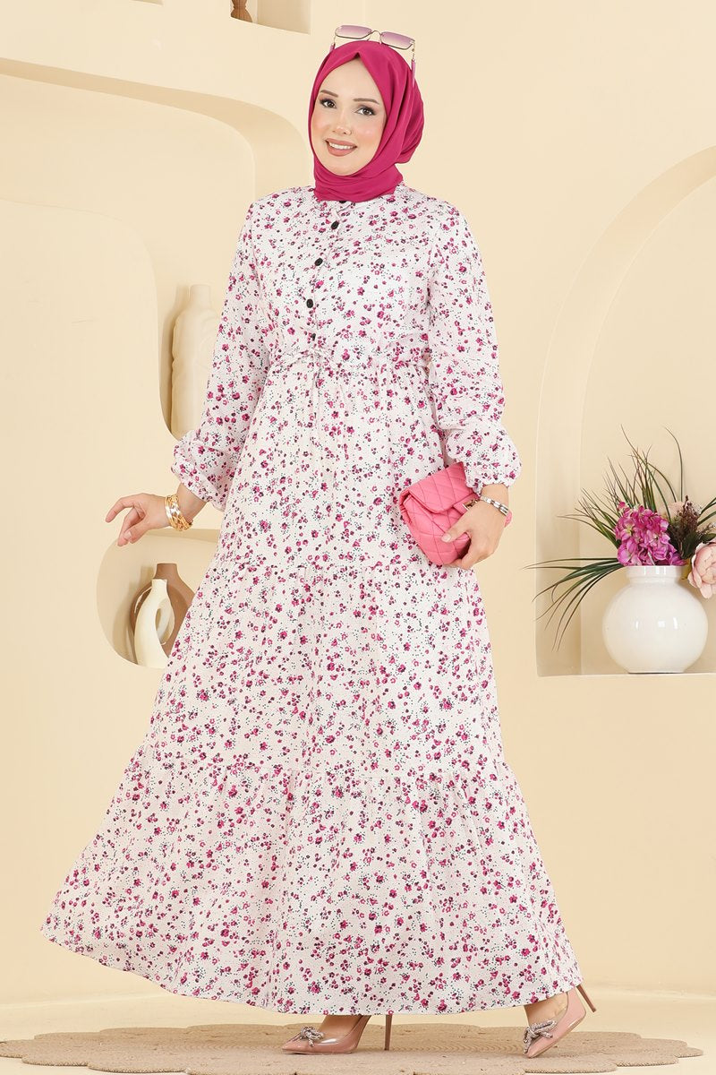 Floral Linen Dress with Tie Waist - Ecru