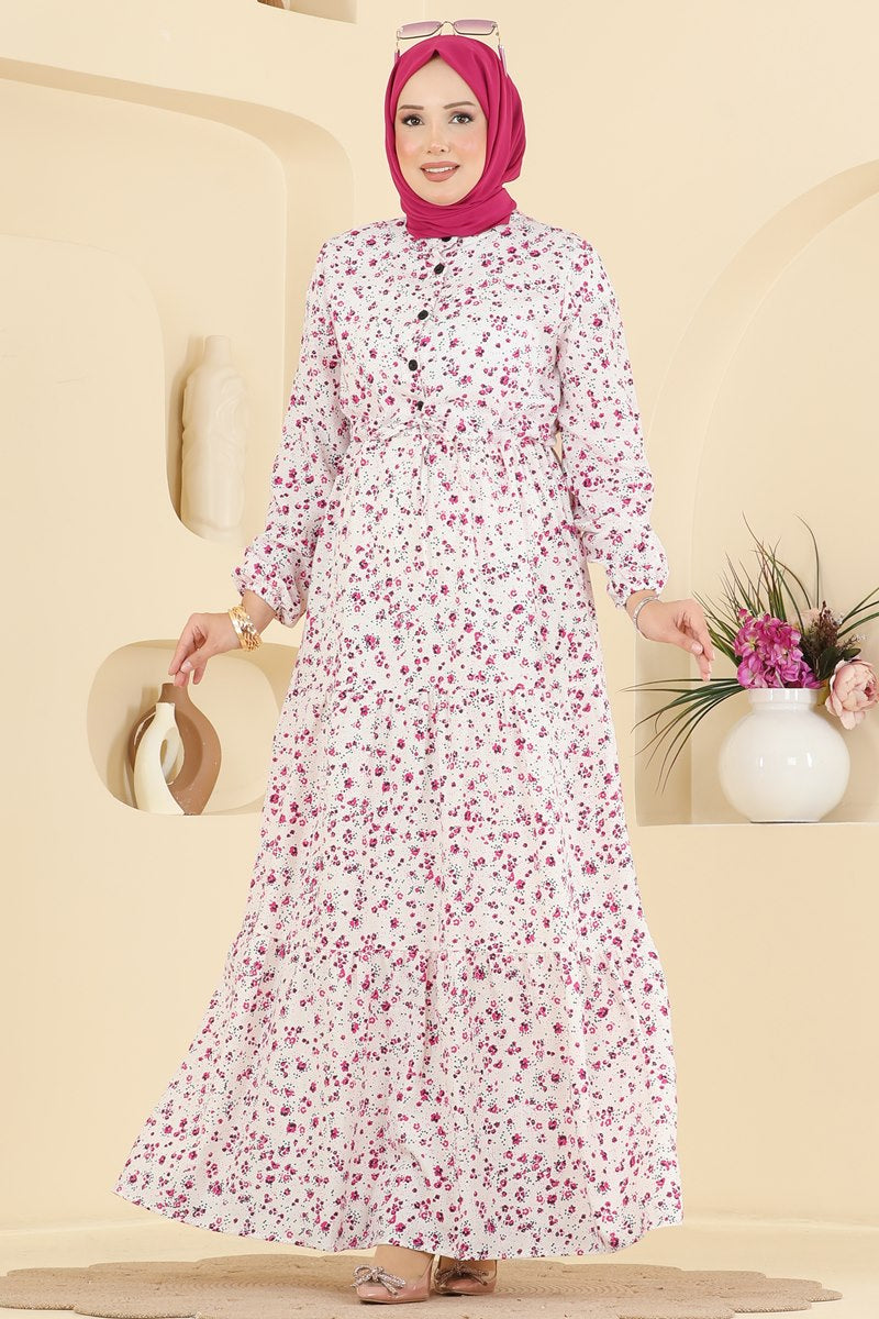 Floral Linen Dress with Tie Waist - Ecru