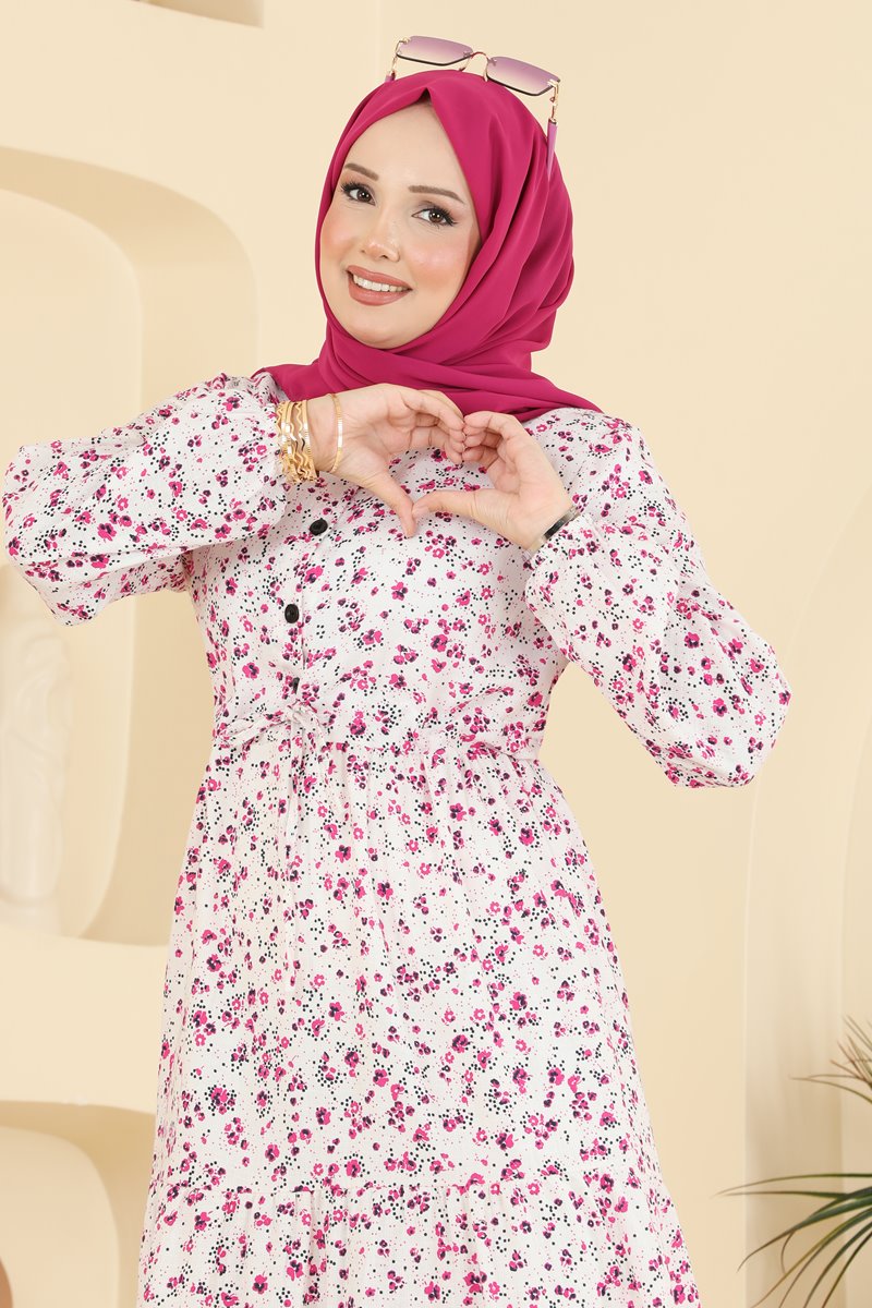 Floral Linen Dress with Tie Waist - Ecru
