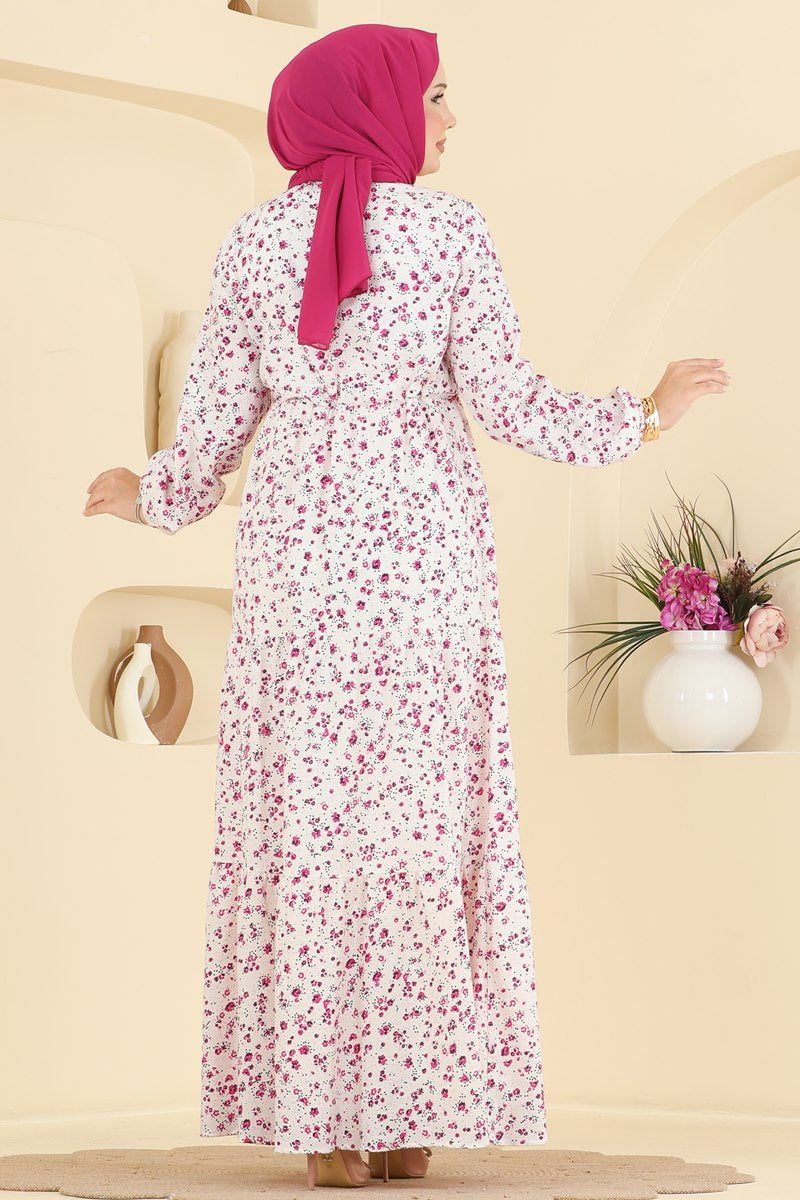 Floral Linen Dress with Tie Waist - Ecru