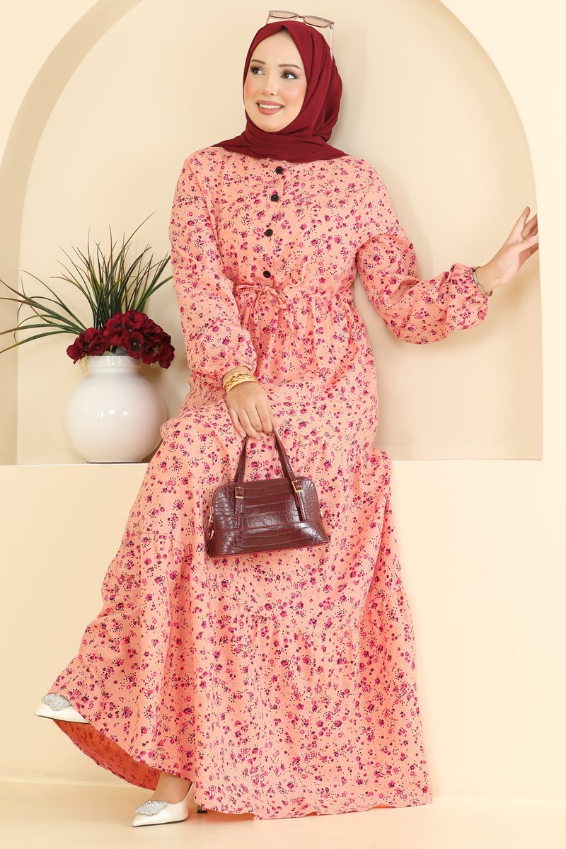 Floral Linen Dress with Tie Waist - Salmon