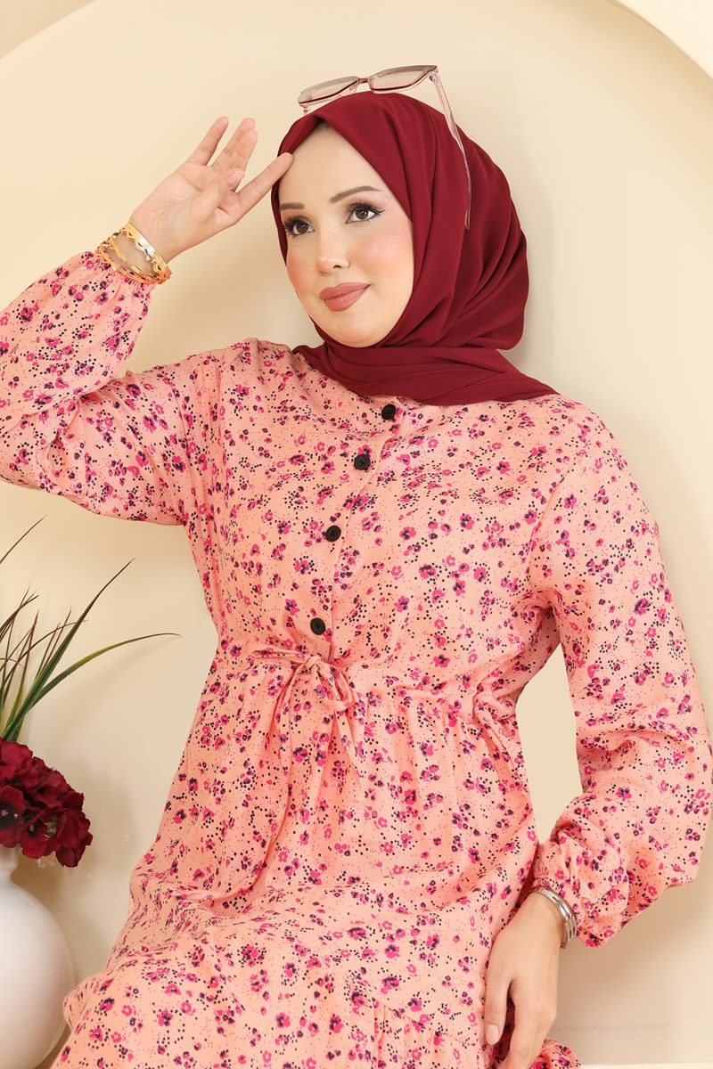 Floral Linen Dress with Tie Waist - Salmon