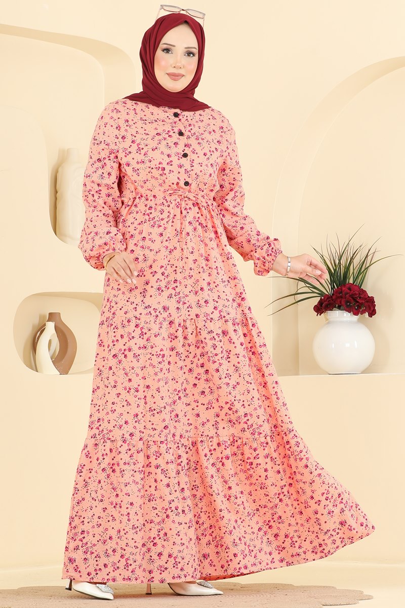 Floral Linen Dress with Tie Waist - Salmon