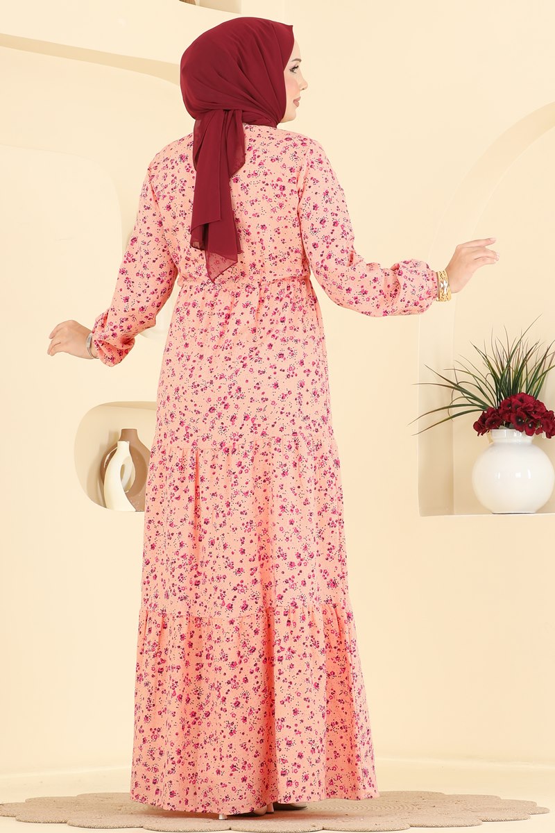 Floral Linen Dress with Tie Waist - Salmon