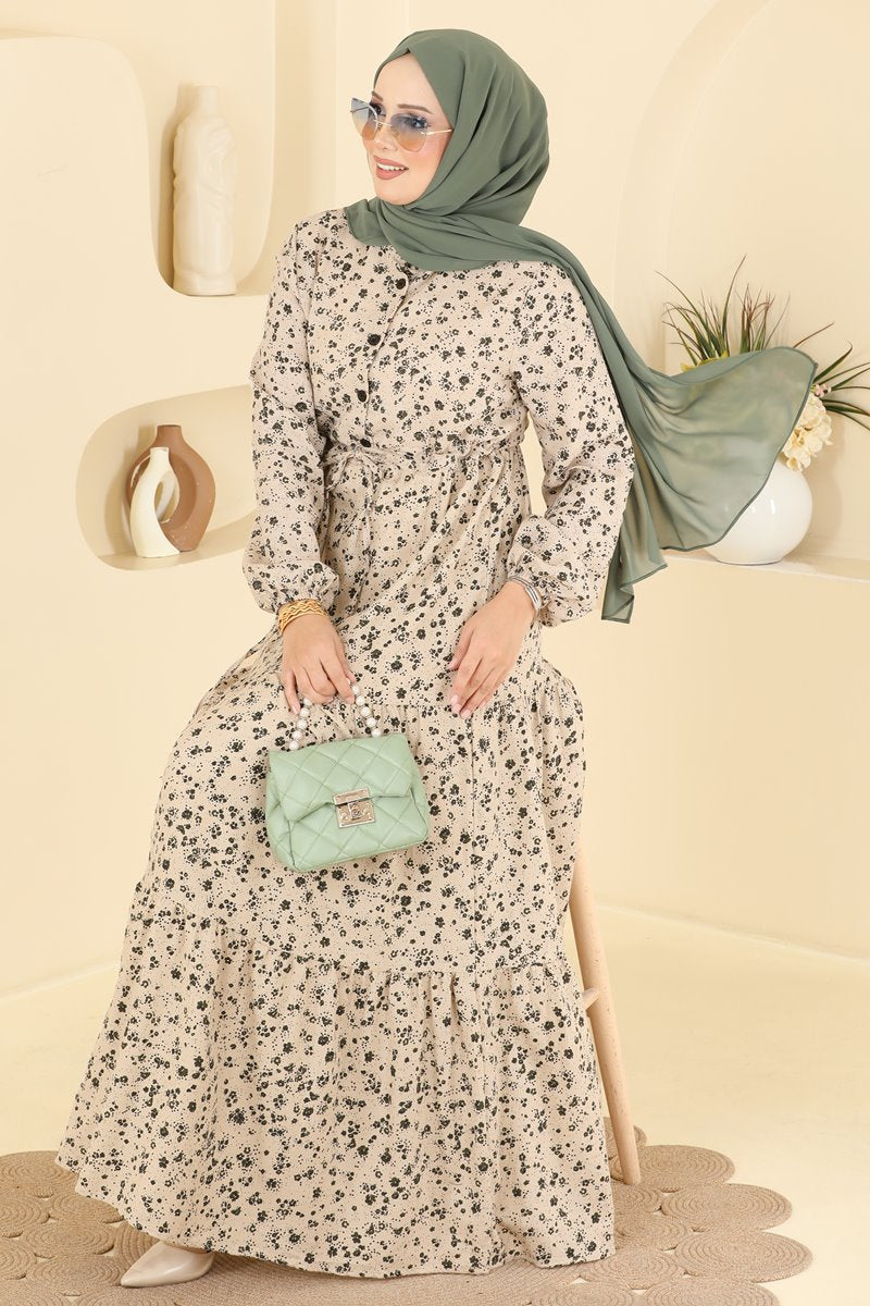 Floral Linen Dress with Tie Waist - Mink