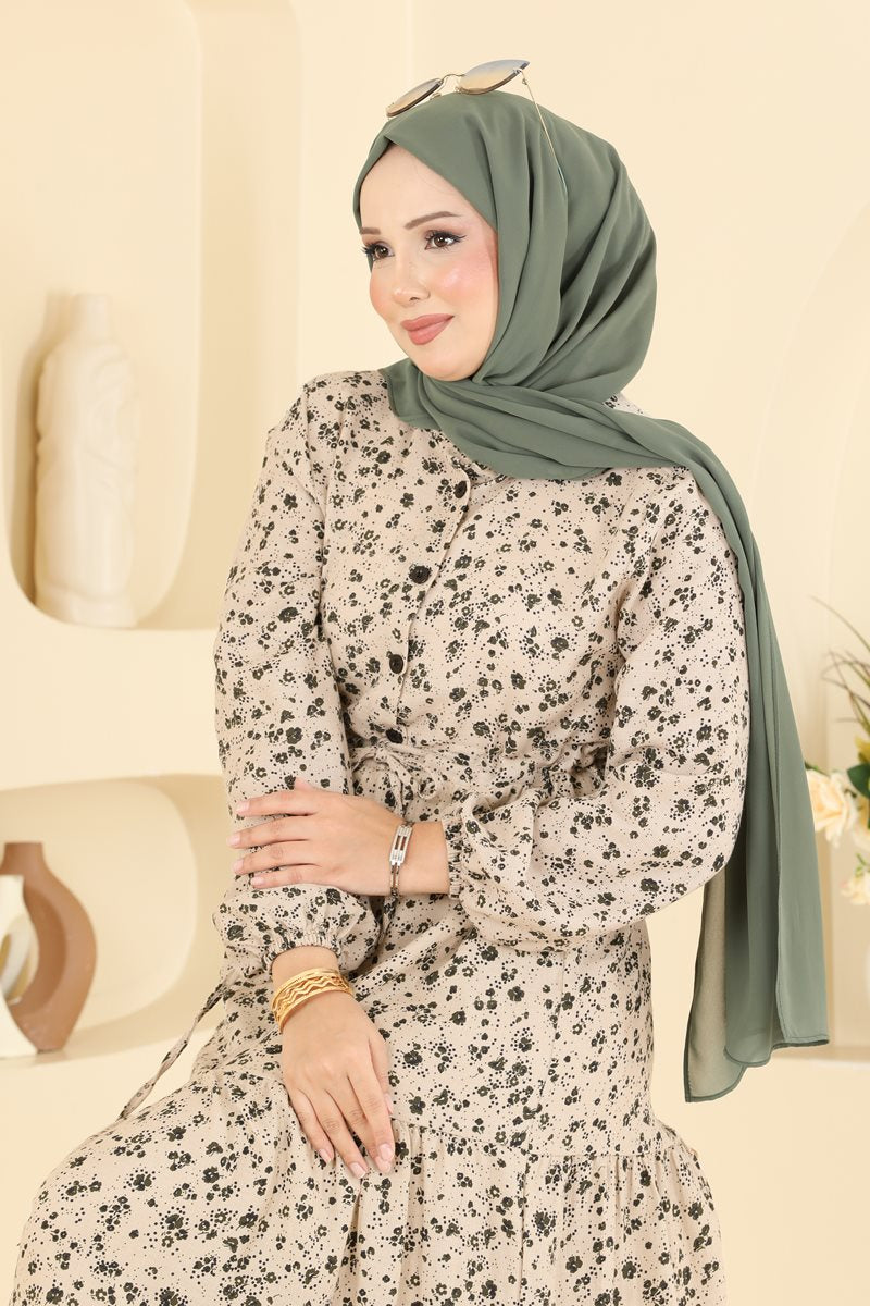 Floral Linen Dress with Tie Waist - Mink