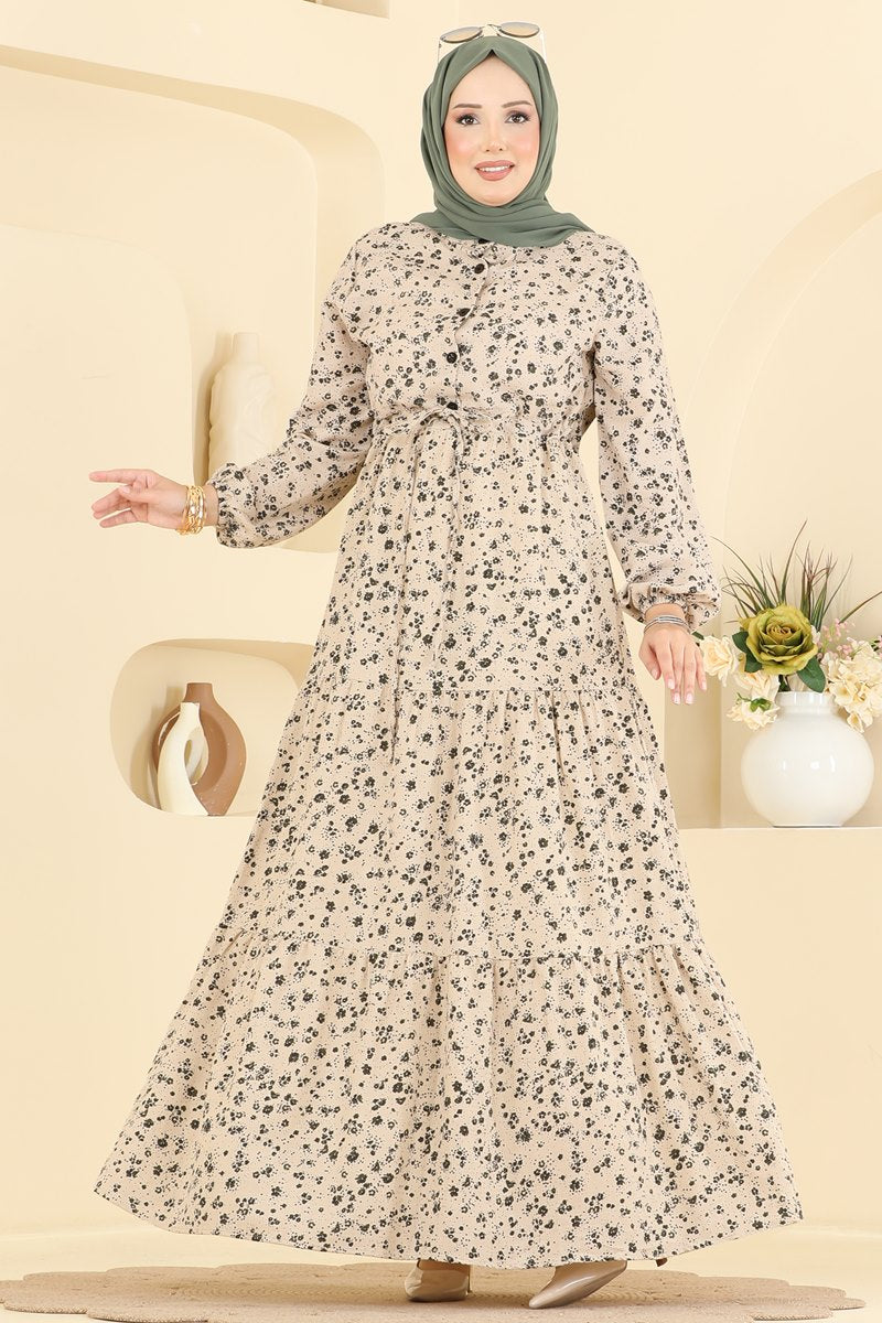 Floral Linen Dress with Tie Waist - Mink