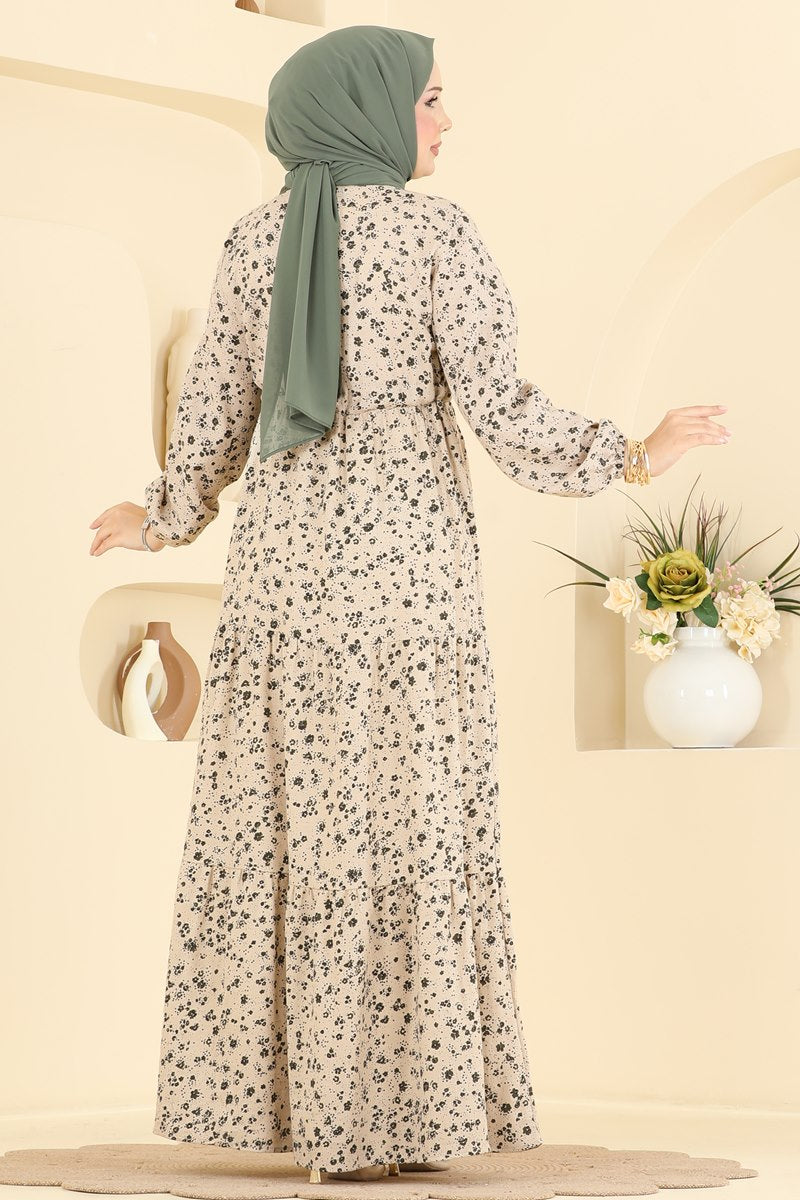 Floral Linen Dress with Tie Waist - Mink