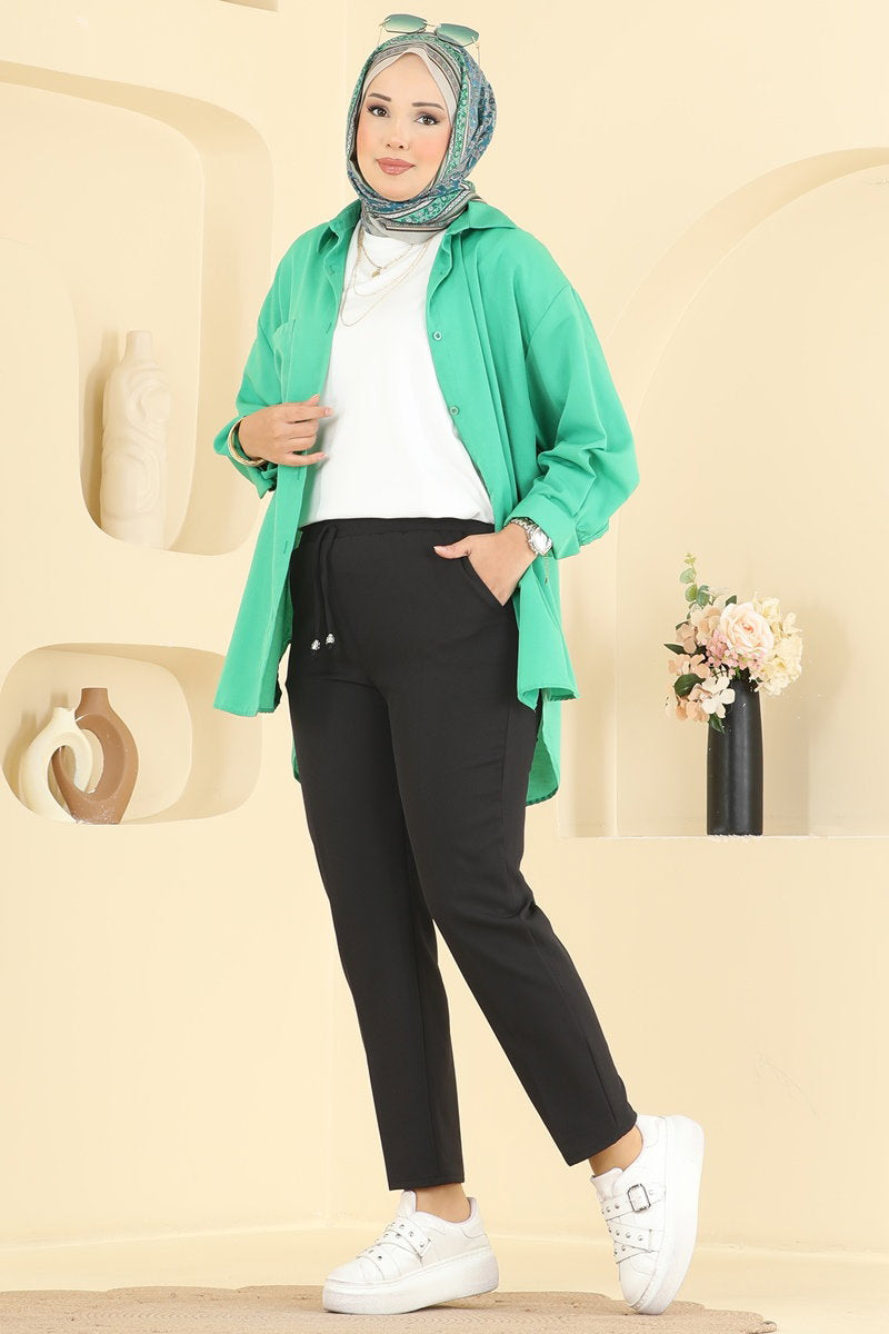 Double Knit Trousers with Tie Waist - Black