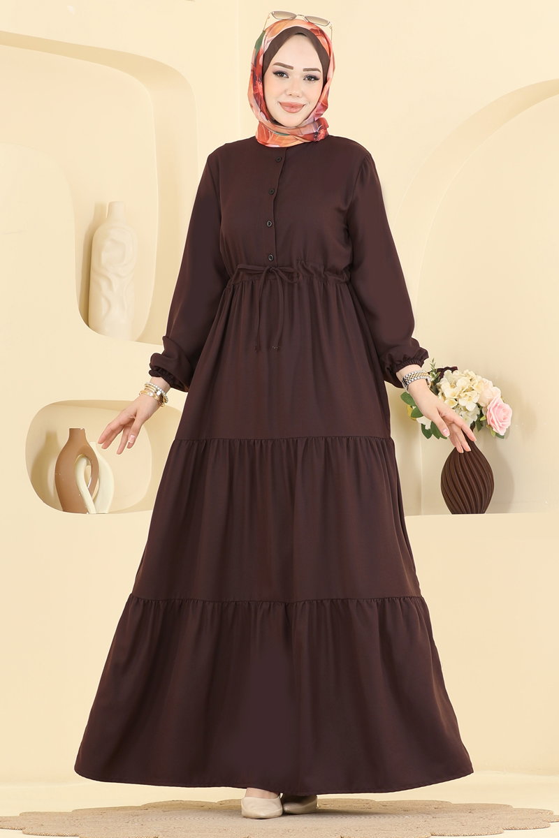Crepe Button Dress with Tie Waist - Light Brown