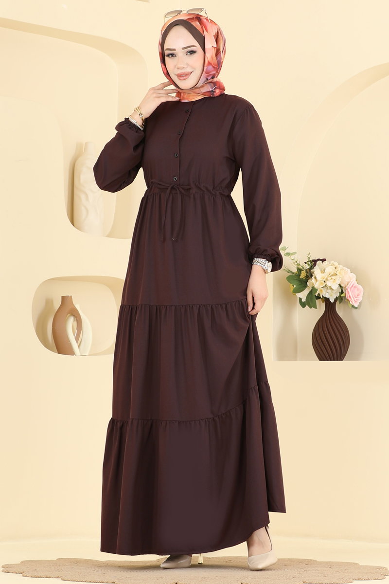 Crepe Button Dress with Tie Waist - Light Brown