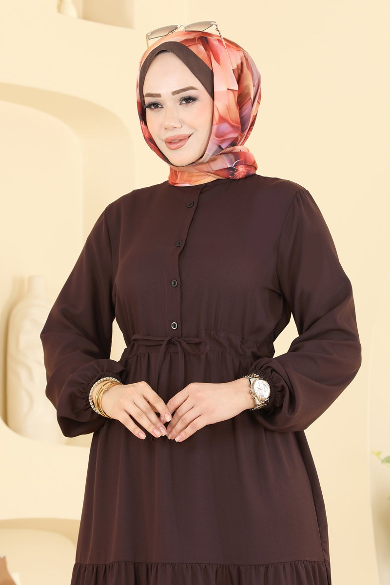 Crepe Button Dress with Tie Waist - Light Brown