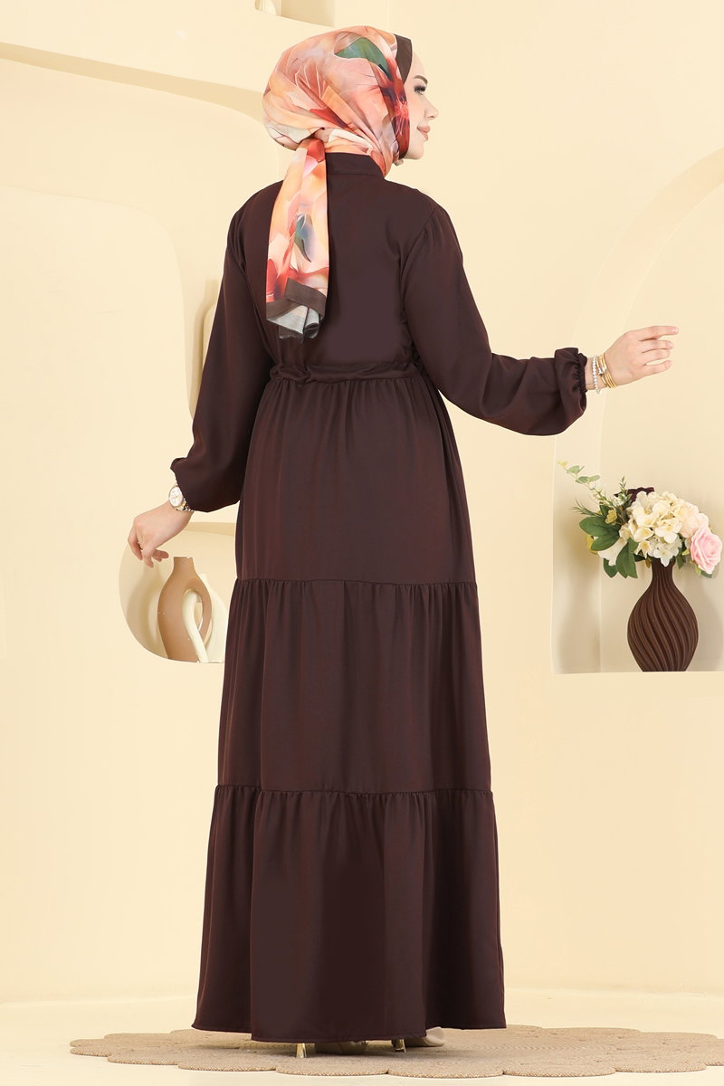 Crepe Button Dress with Tie Waist - Light Brown