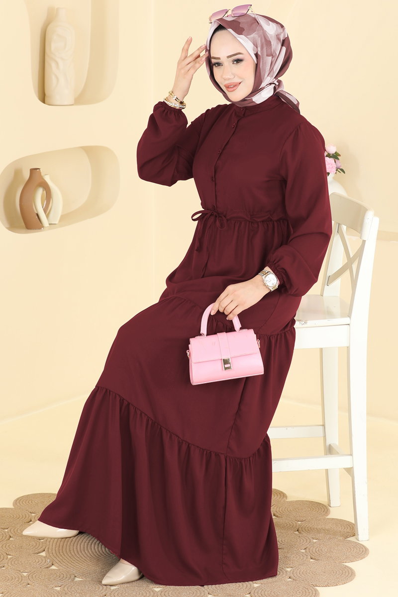 Crepe Button Dress with Tie Waist - Burgundy