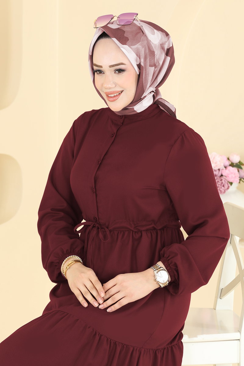 Crepe Button Dress with Tie Waist - Burgundy