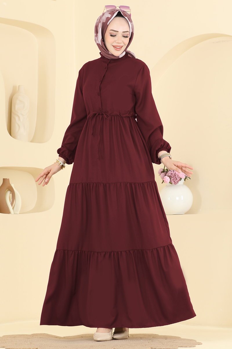 Crepe Button Dress with Tie Waist - Burgundy