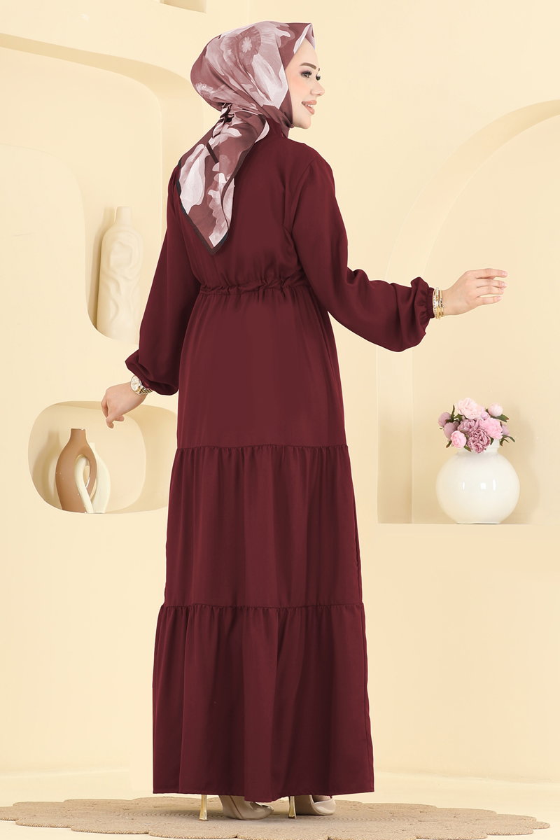 Crepe Button Dress with Tie Waist - Burgundy