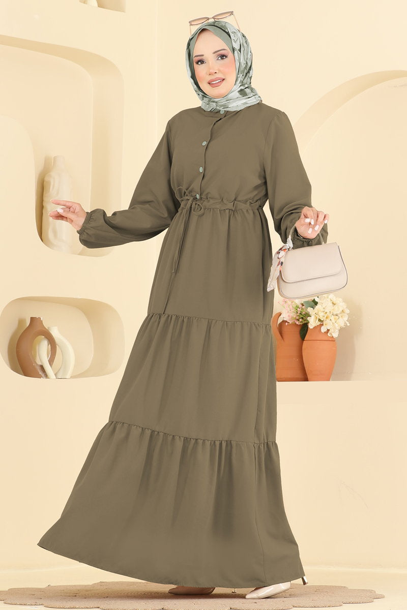 Crepe Button Dress with Tie Waist - Khaki