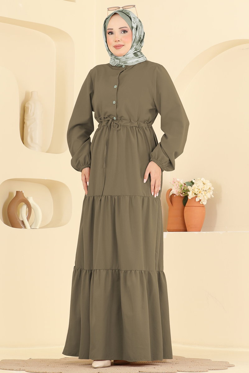 Crepe Button Dress with Tie Waist - Khaki