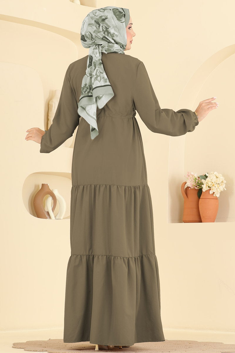 Crepe Button Dress with Tie Waist - Khaki