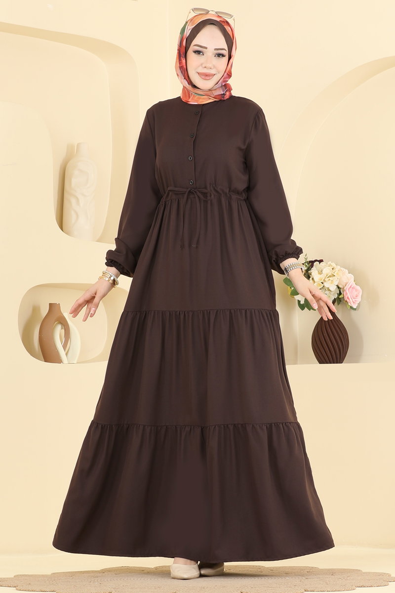 Crepe Button Dress with Tie Waist - Brown