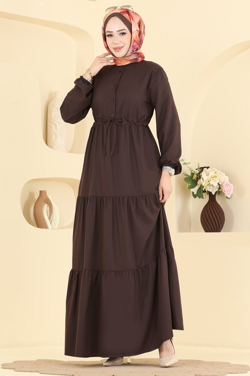 Crepe Button Dress with Tie Waist - Brown