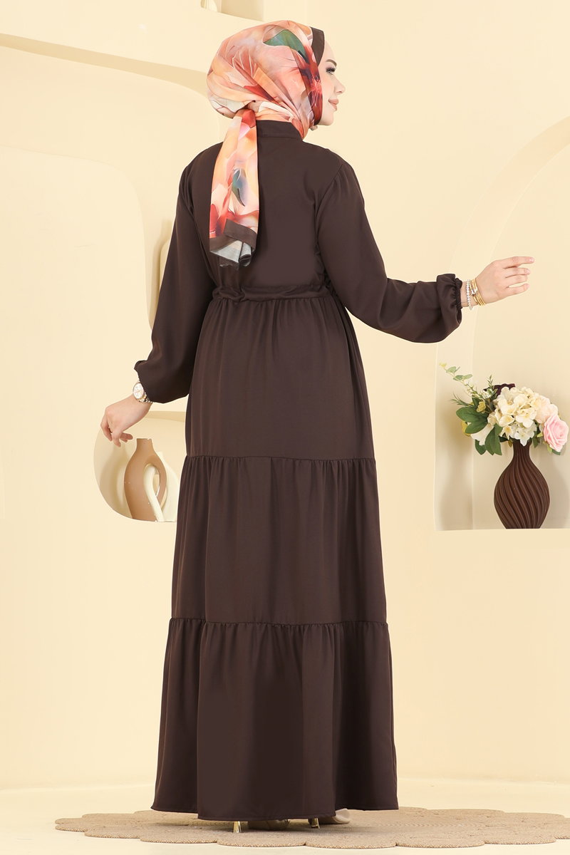 Crepe Button Dress with Tie Waist - Brown