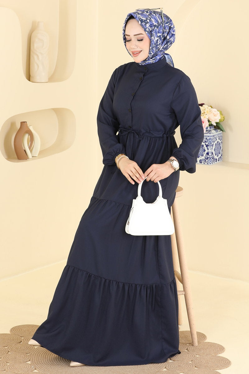 Crepe Button Dress with Tie Waist - Navy
