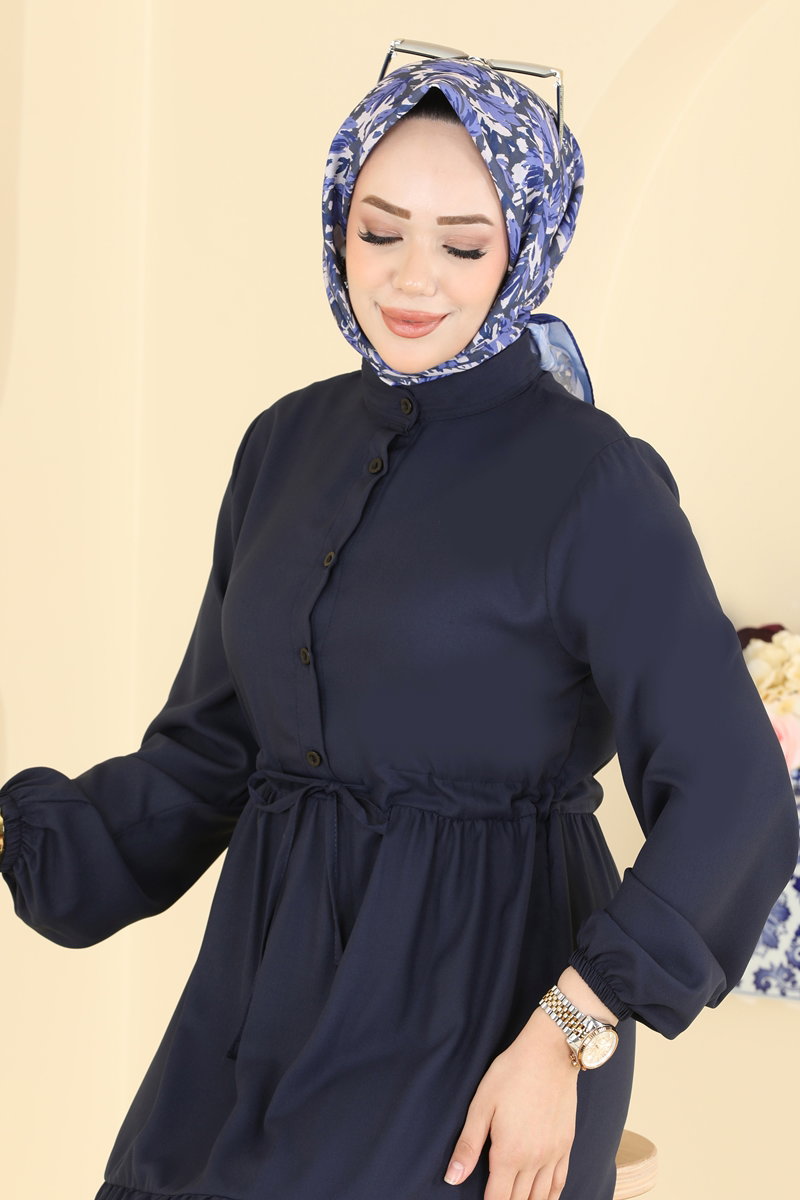 Crepe Button Dress with Tie Waist - Navy