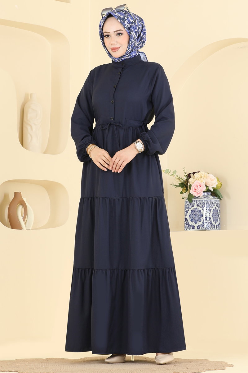 Crepe Button Dress with Tie Waist - Navy