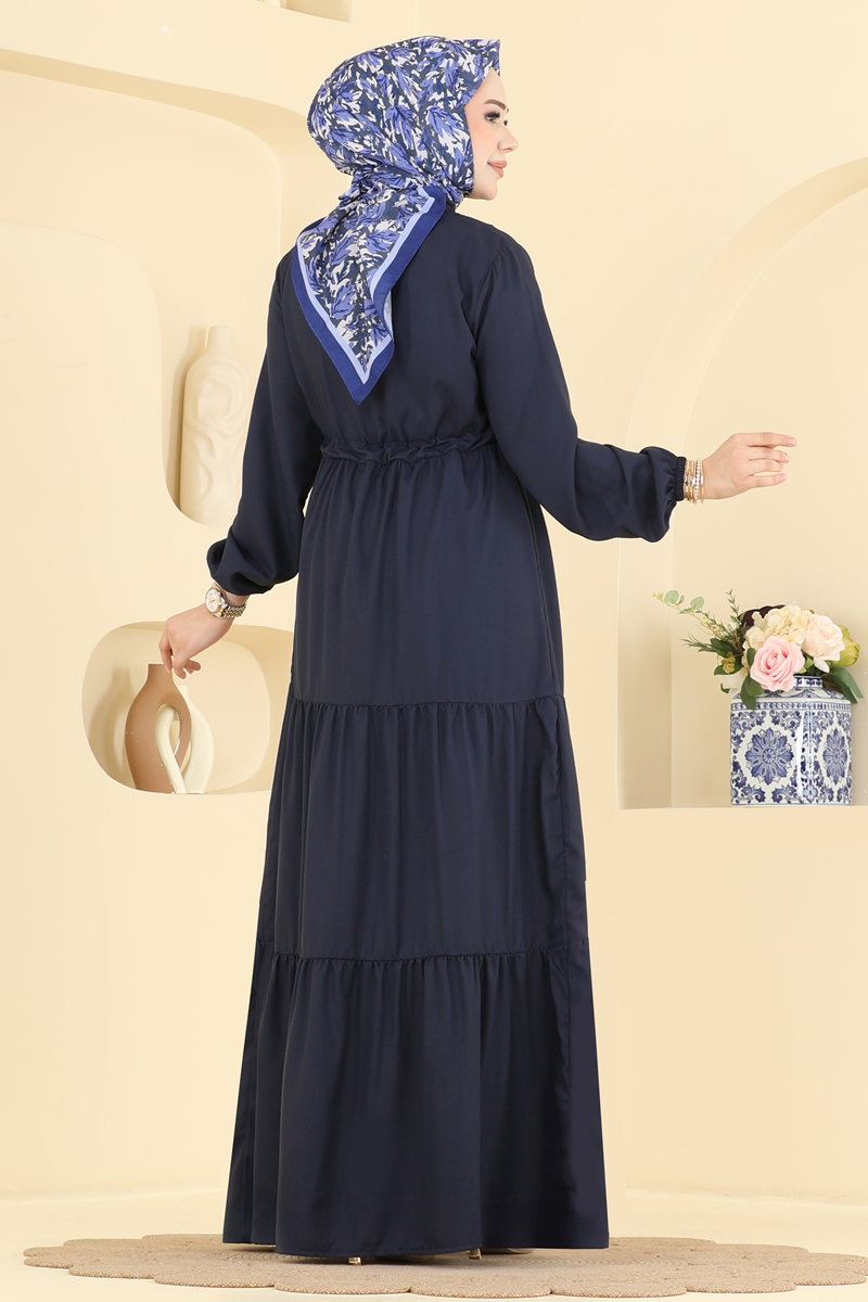 Crepe Button Dress with Tie Waist - Navy
