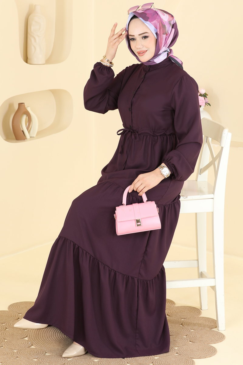 Crepe Button Dress with Tie Waist - Plum