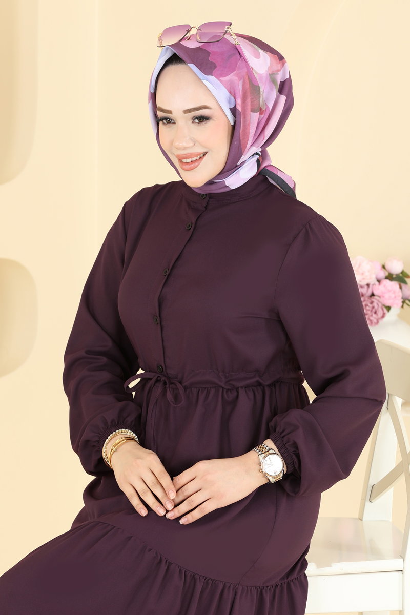 Crepe Button Dress with Tie Waist - Plum