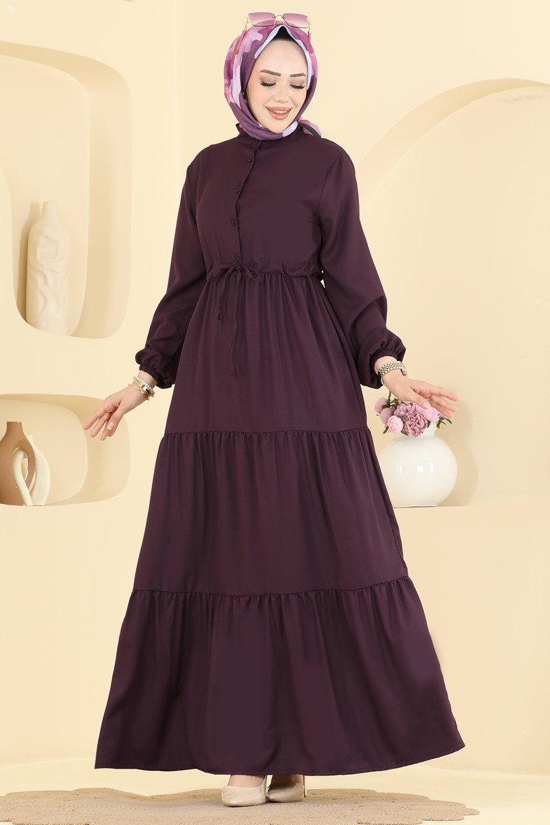 Crepe Button Dress with Tie Waist - Plum