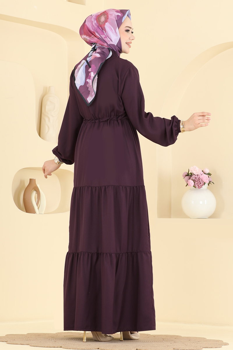 Crepe Button Dress with Tie Waist - Plum