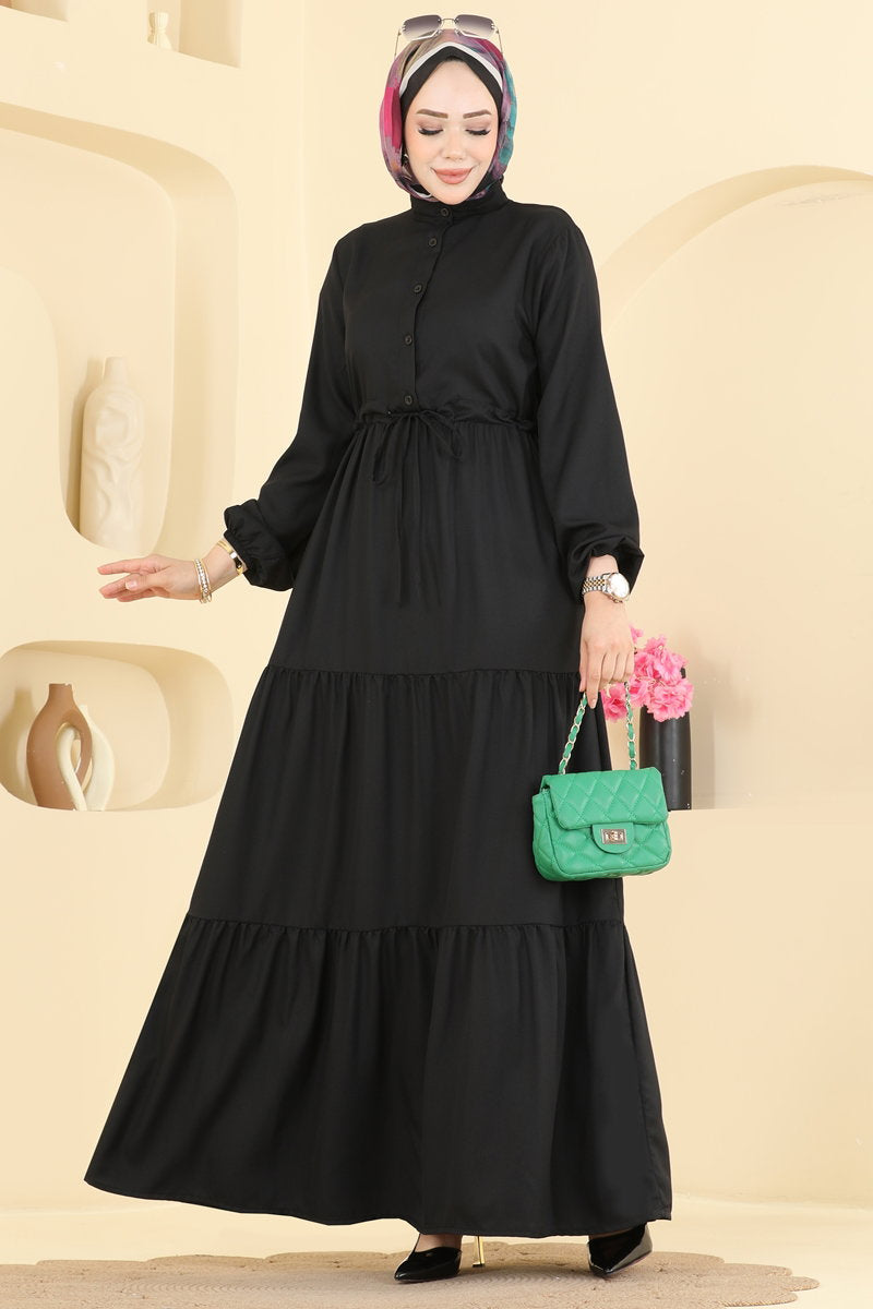 Crepe Button Dress with Tie Waist - Black
