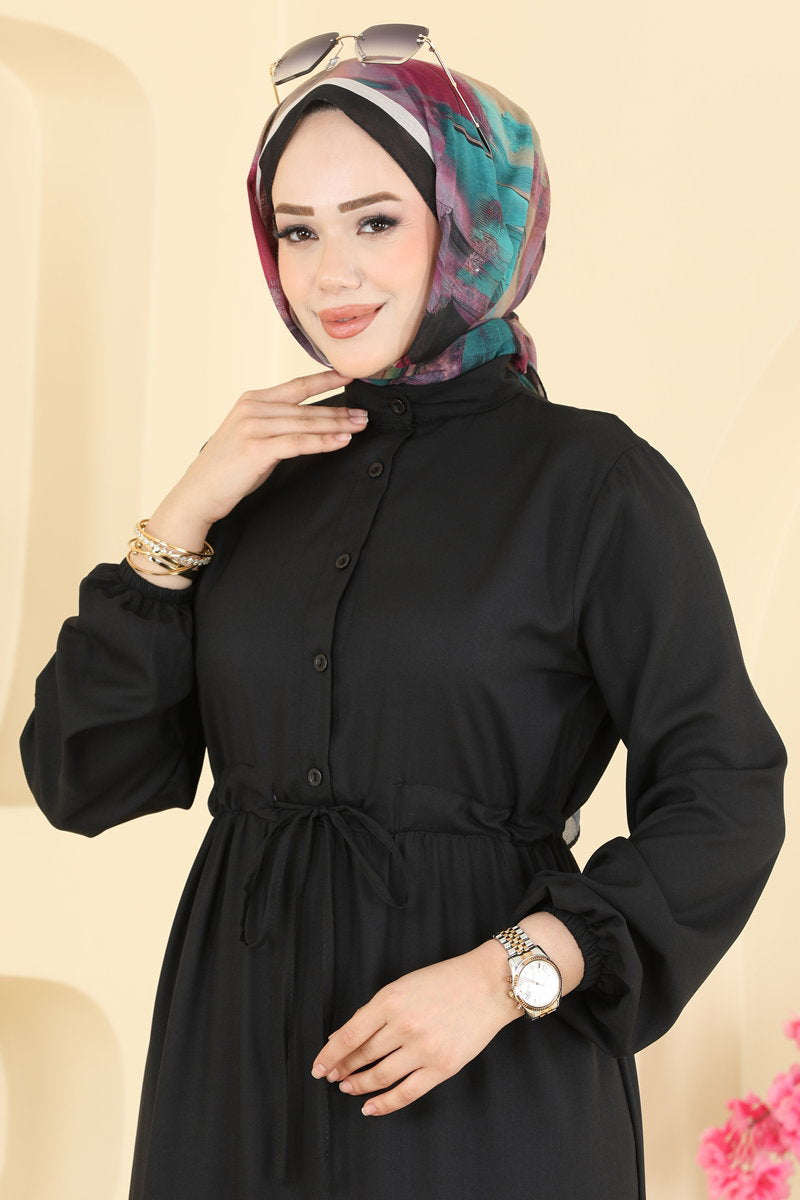 Crepe Button Dress with Tie Waist - Black
