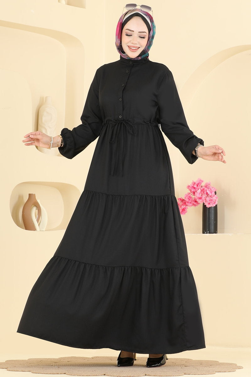 Crepe Button Dress with Tie Waist - Black