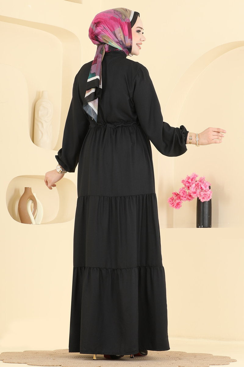 Crepe Button Dress with Tie Waist - Black