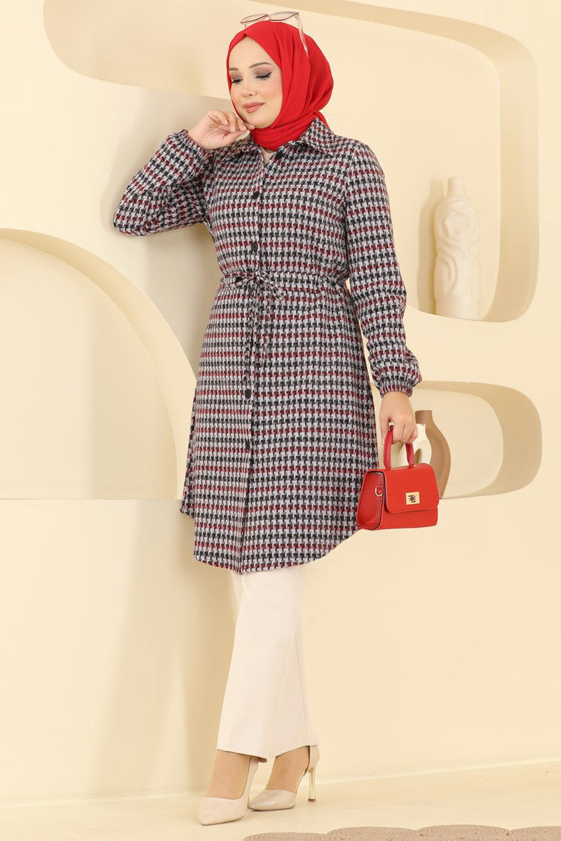 Plaid Tunic with Tie Waist - Grey