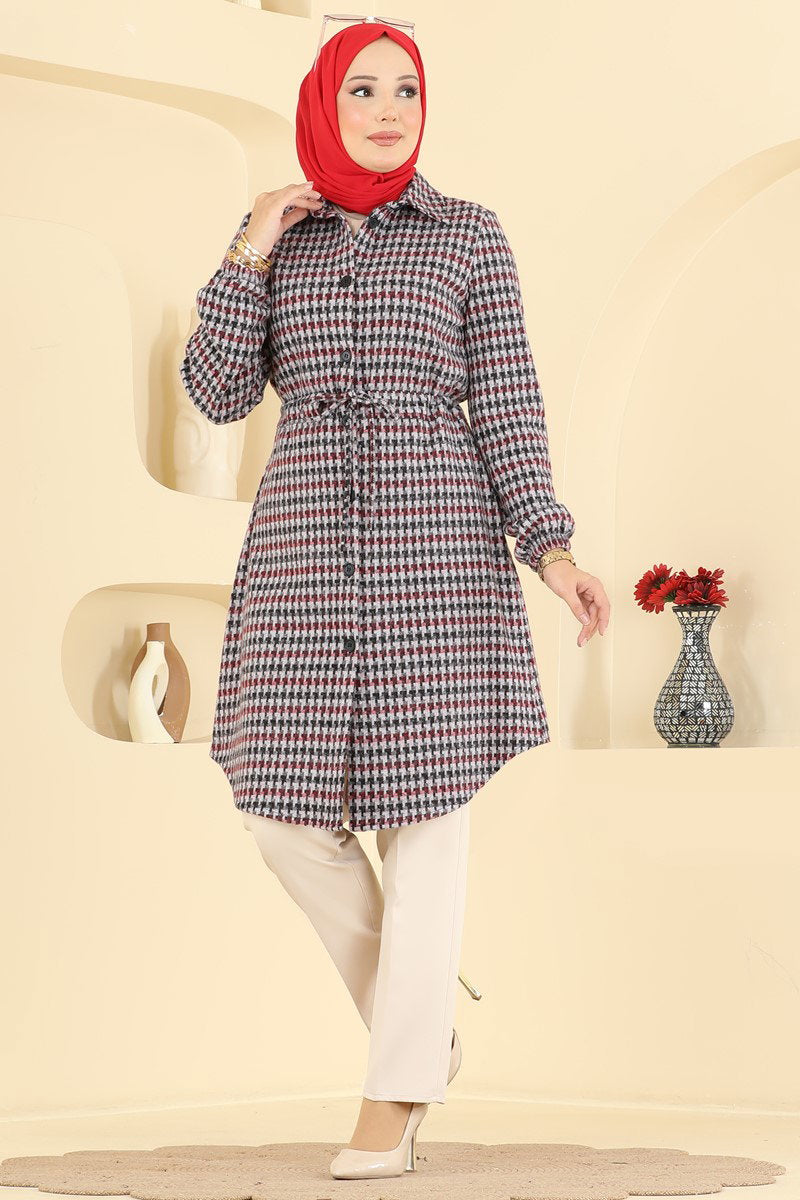 Plaid Tunic with Tie Waist - Grey
