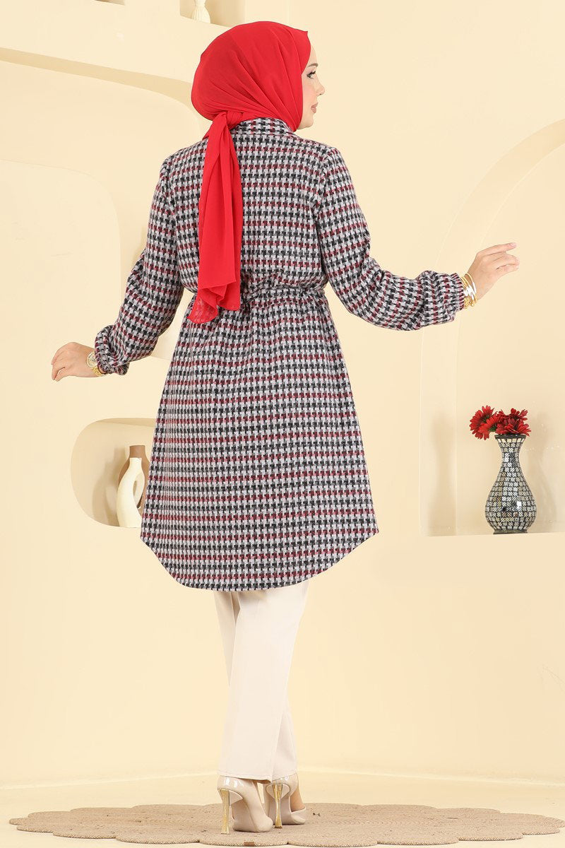 Plaid Tunic with Tie Waist - Grey