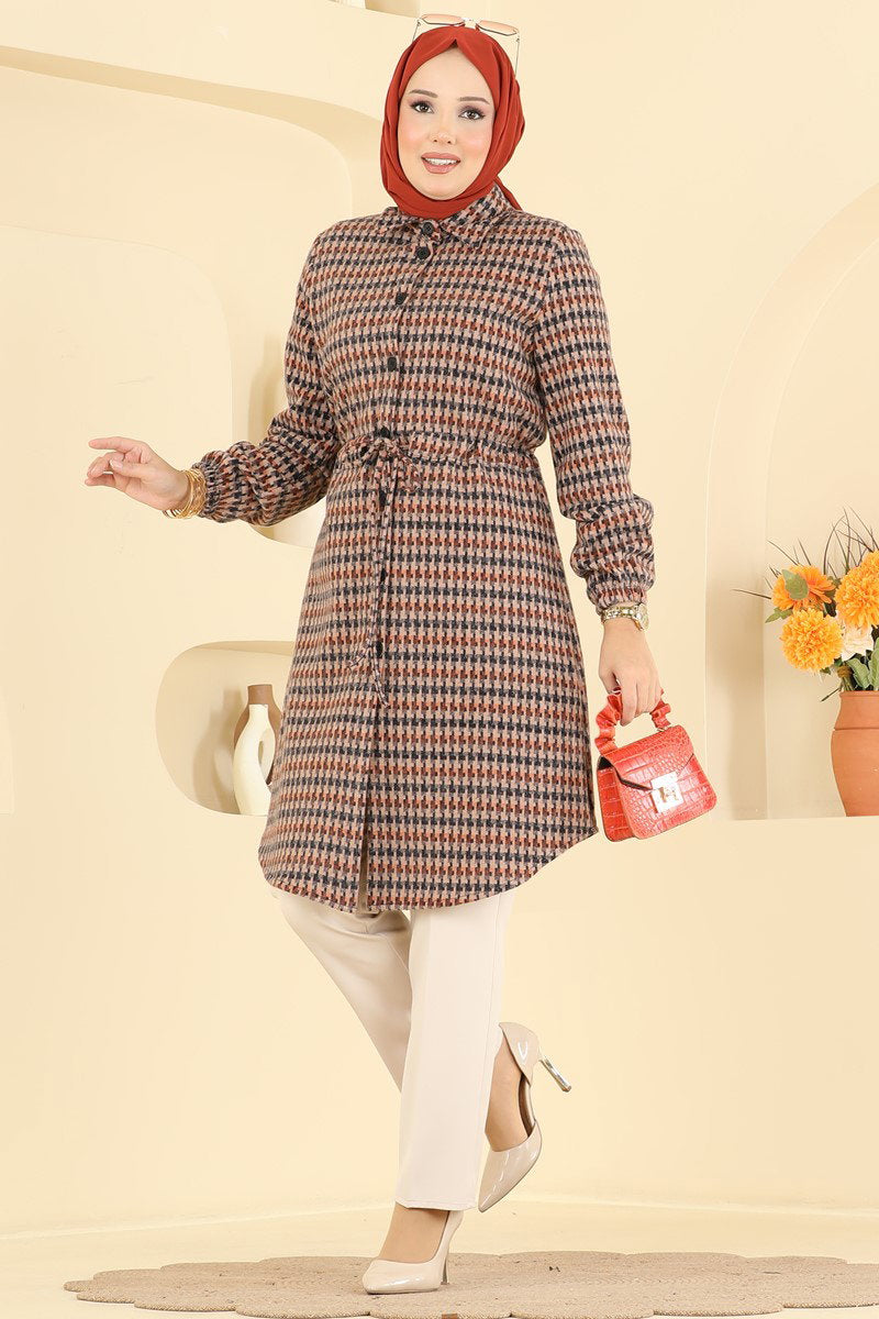 Plaid Tunic with Tie Waist - Mink