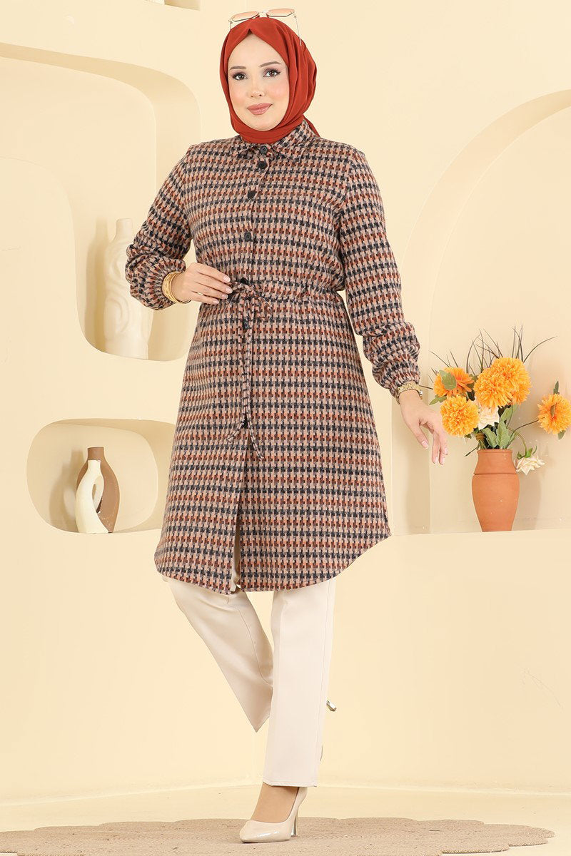 Plaid Tunic with Tie Waist - Mink