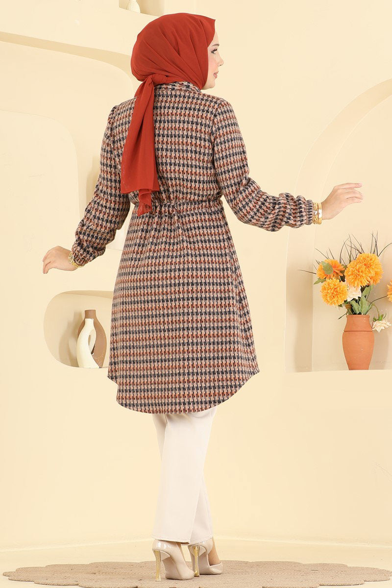 Plaid Tunic with Tie Waist - Mink