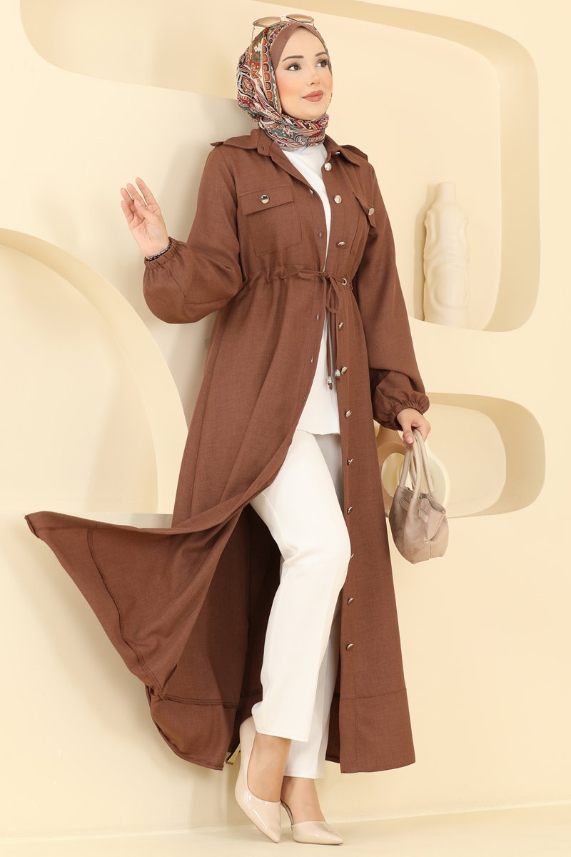 Elegant Linen Dress with Tie Waist - Brown