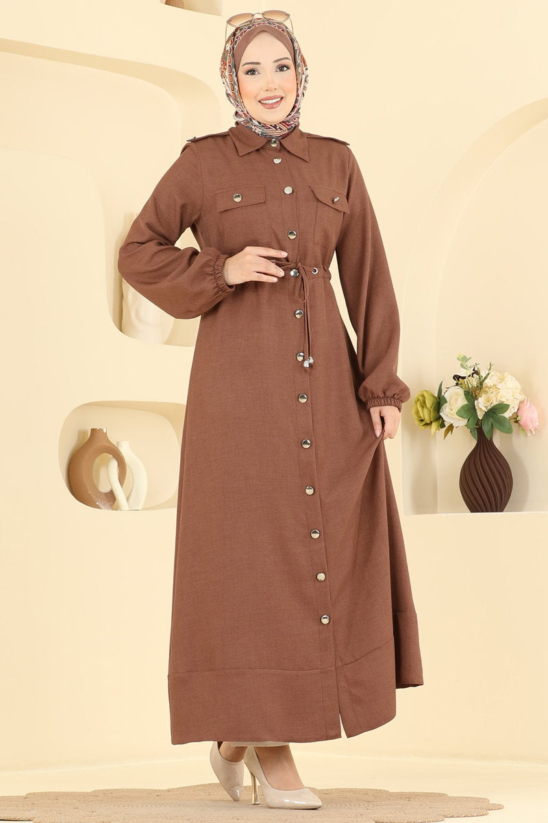 Elegant Linen Dress with Tie Waist - Brown
