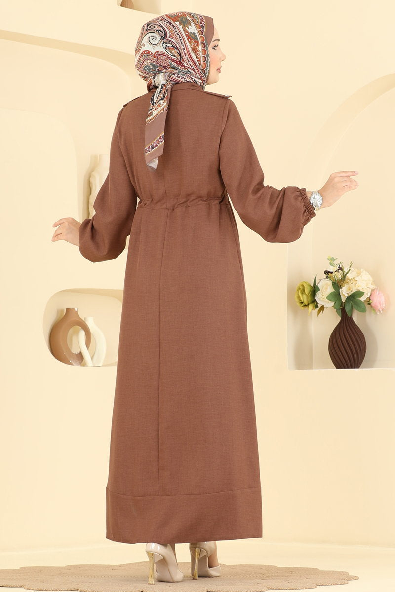 Elegant Linen Dress with Tie Waist - Brown